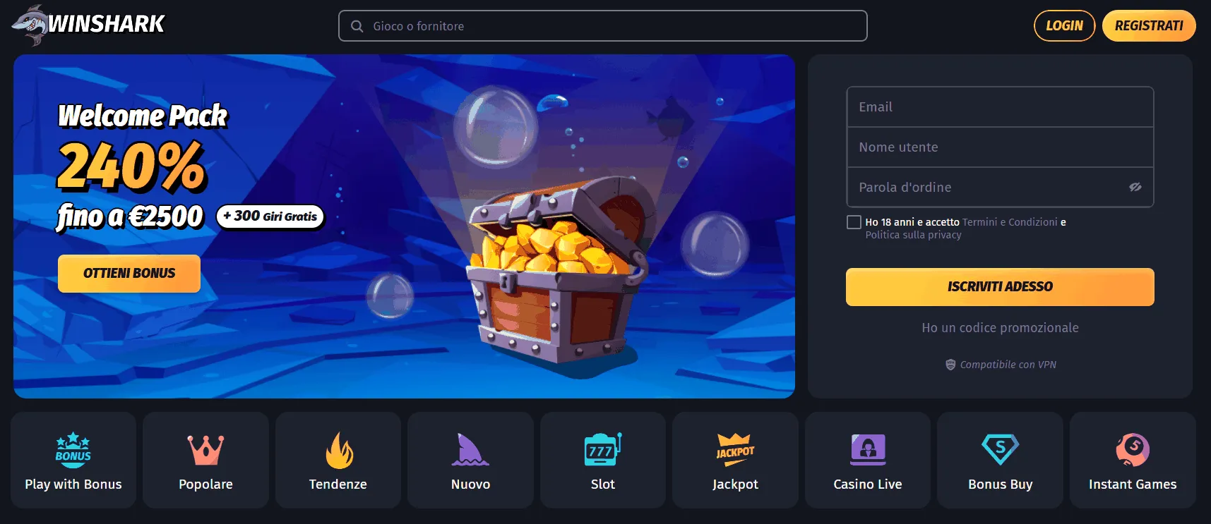 Scrigno del tesoro con monete d'oro e offerta di benvenuto al Winshark Casino